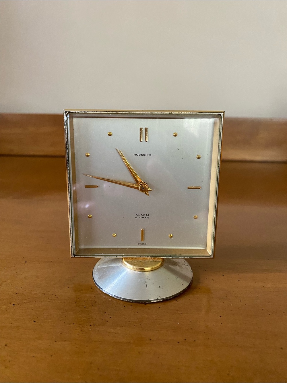 Vintage mid-century Swiss desk alarm clock branded for Hudson's